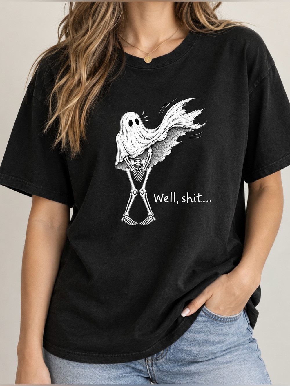 Well Shit Quote Skeleton Ghost Spooky Season Minimalist Streetwear Graphic Tee